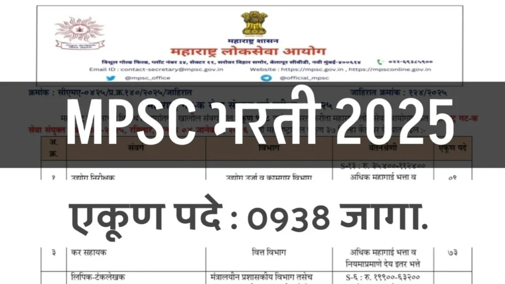 महाराष्ट्र लोकसेवा आयोगाची मोठी भरती: ९३८ सरकारी पदांसाठी अर्ज सुरु!Mpsc Job