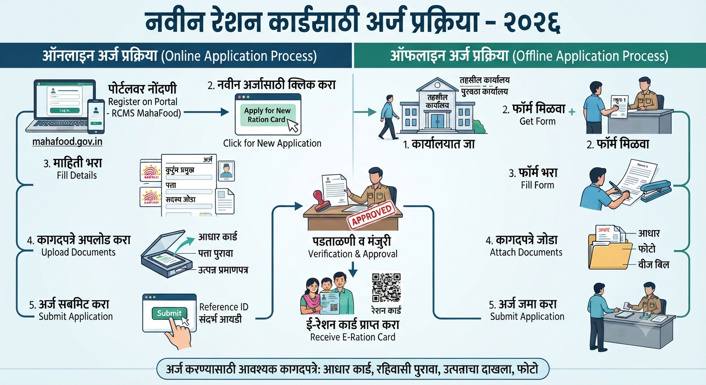 नवीन रेशन कार्ड कसे बनवावे? 2026 मध्ये ऑनलाइन आणि ऑफलाइन अर्ज करण्याची संपूर्ण प्रक्रिया new ration card 2026