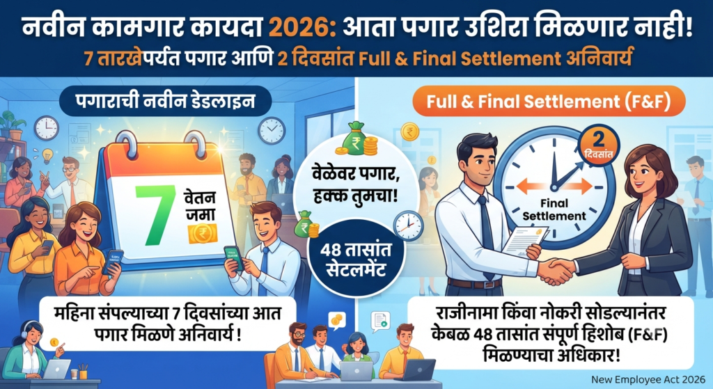 नवीन कामगार कायदा 2026: आता पगार उशिरा मिळणार नाही! 7 तारखेपर्यंत वेतन आणि 2 दिवसांत Full & Final सेटलमेंट अनिवार्य New Employee Act 2026