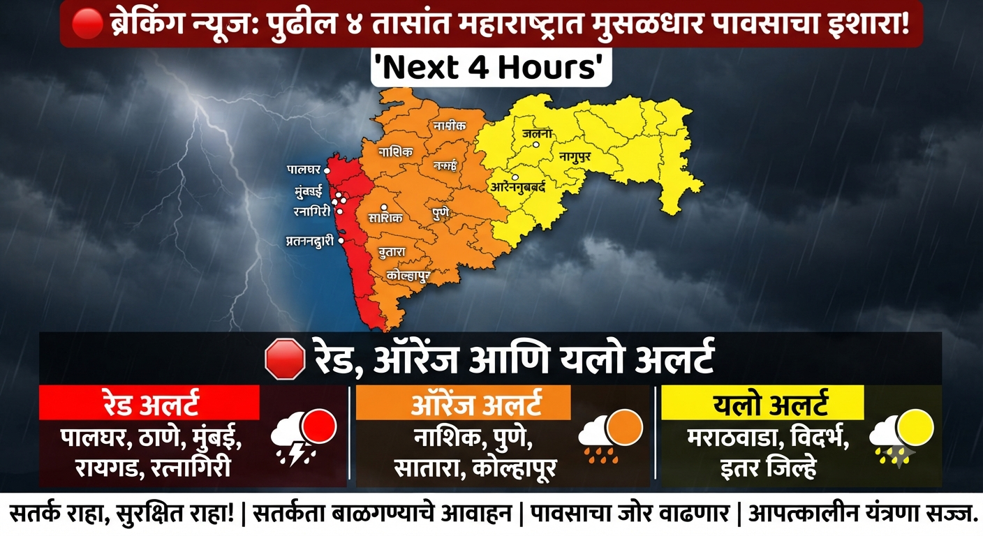 महाराष्ट्रात पुढील 4 तासांत मुसळधार पावसाचा इशारा! 'या' जिल्ह्यांना रेड, ऑरेंज आणि यलो अलर्ट rain news today