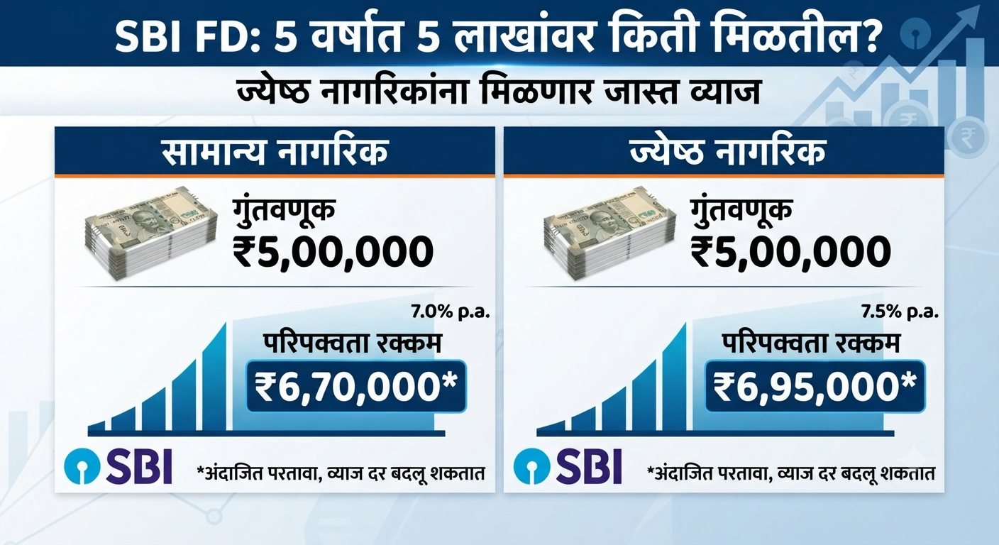 SBI FD: 5 लाखांच्या गुंतवणुकीवर 5 वर्षांनी किती मिळतील? ज्येष्ठ नागरिकांना मिळणार जास्त व्याज