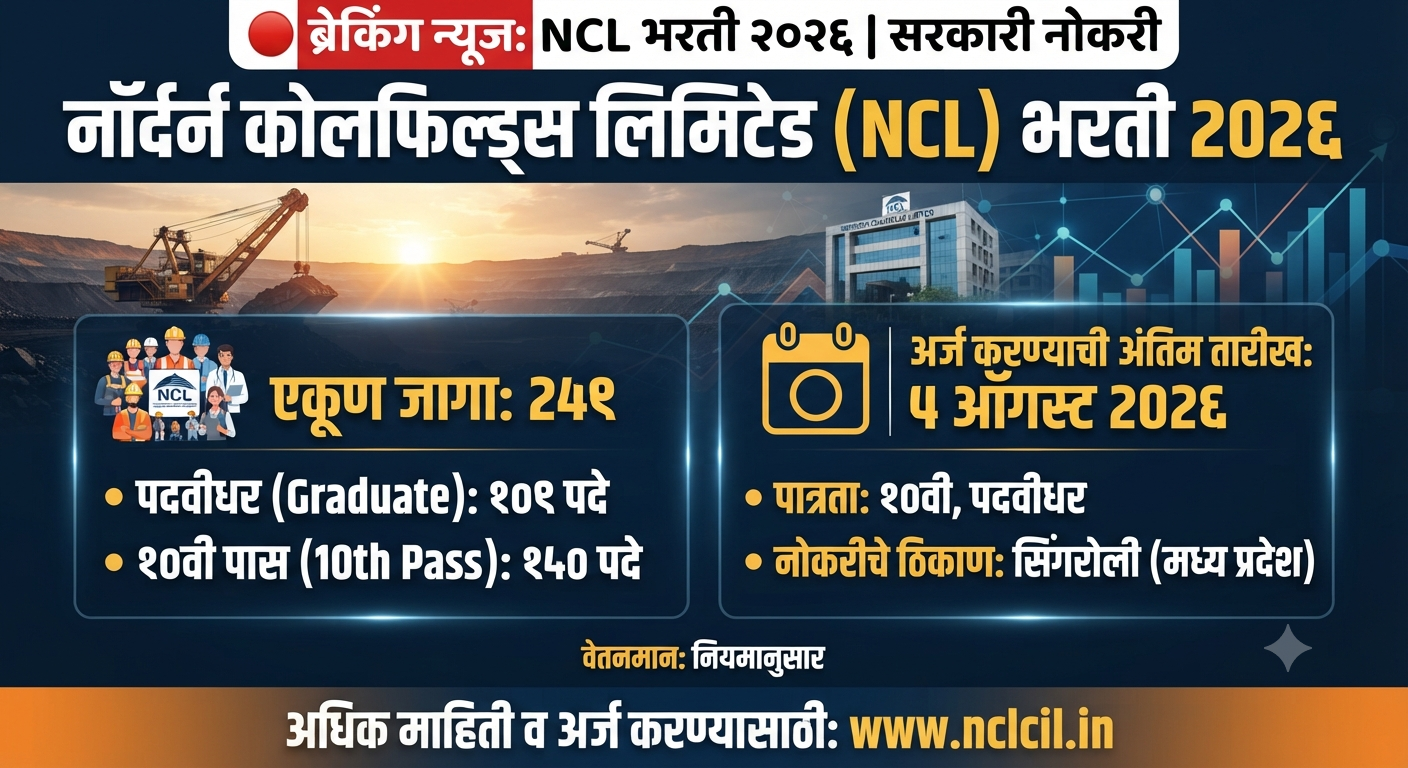 Northern Coalfields Limited Bharti 2026: 10वी, पदवीधर उमेदवारांसाठी 259 जागांची भरती; 5 ऑगस्टपर्यंत करा अर्ज