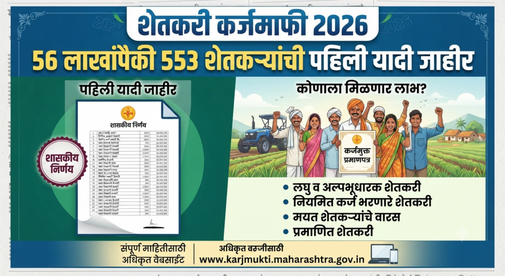 शेतकरी कर्जमाफी 2026: 56 लाखांपैकी 553 शेतकऱ्यांची पहिली यादी जाहीर; कोणाला मिळणार लाभ? संपूर्ण माहिती shetkari karjmafi yadi 2026