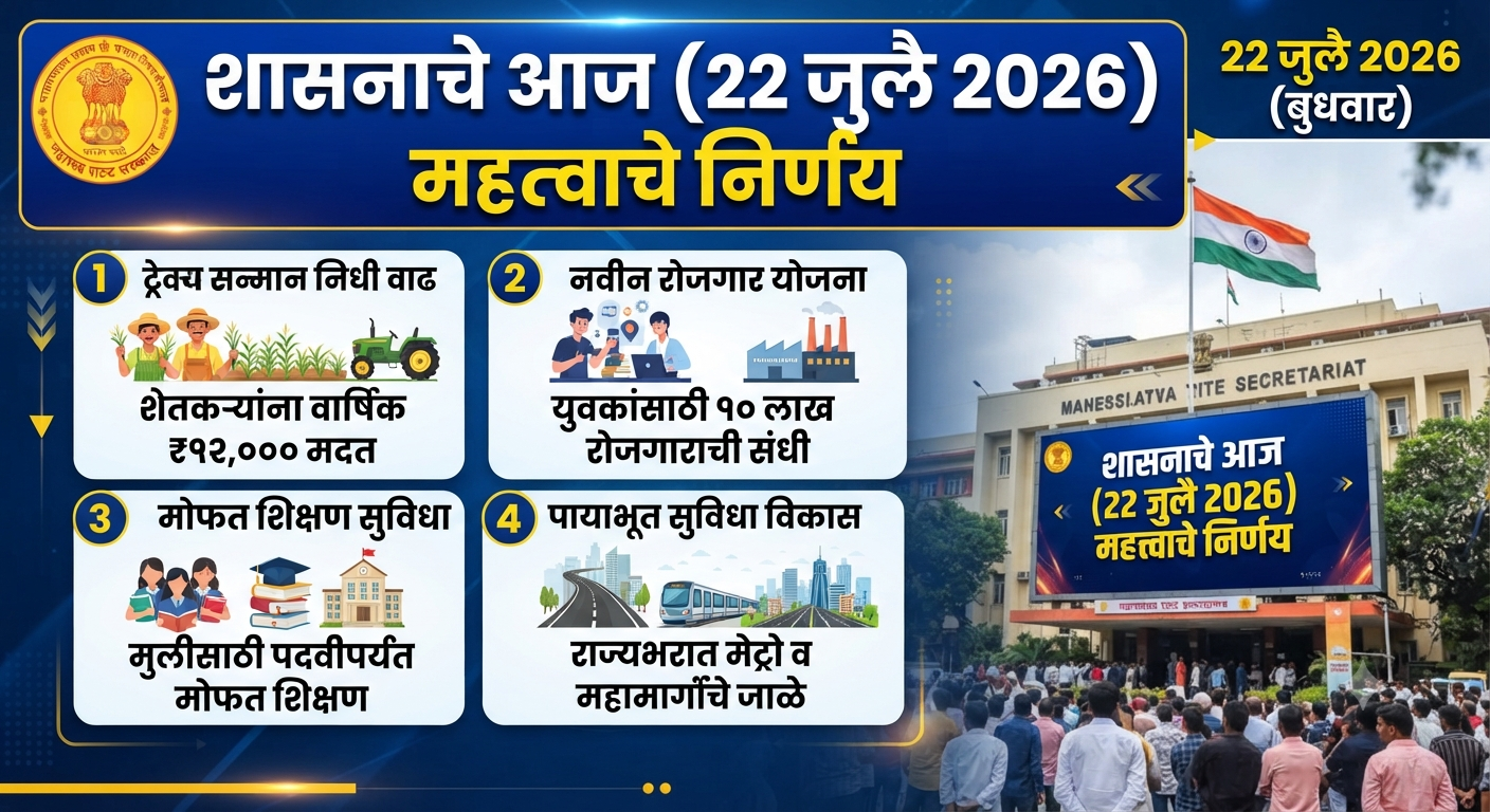 शासनाचे आज (22 जुलै 2026) महत्त्वाचे निर्णय – जाणून घ्या मोठ्या घोषणा