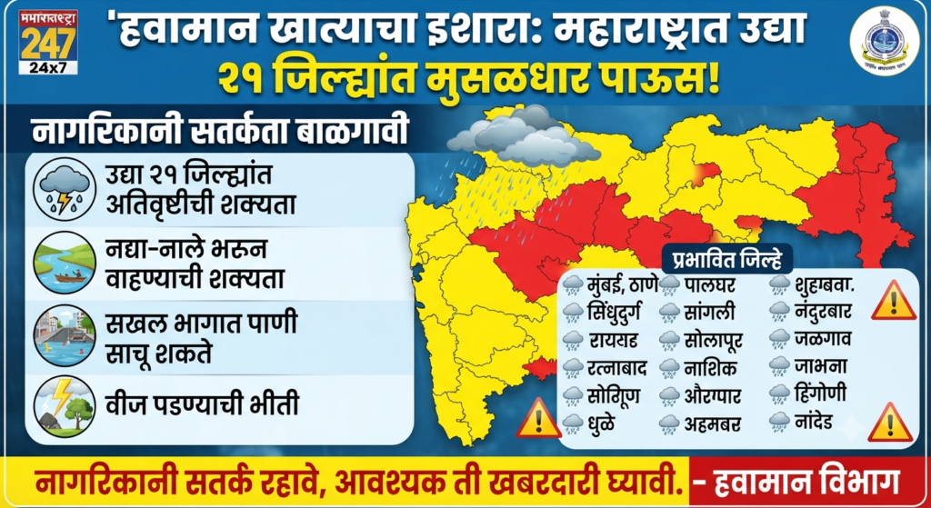 Weather Alert: महाराष्ट्रात उद्या 21जिल्ह्यात मुसळधार पाऊस पडणार नागरिकांनी कालची घ्यावी हवामान खात्याचा इशारा rain news today