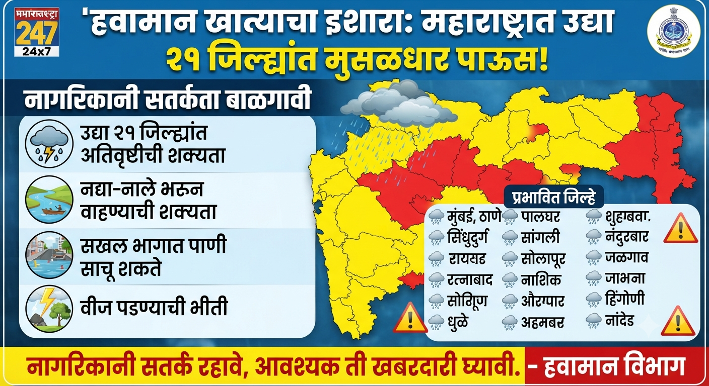 Weather Alert: महाराष्ट्रात उद्या 21जिल्ह्यात मुसळधार पाऊस पडणार नागरिकांनी कालची घ्यावी हवामान खात्याचा इशारा rain news today