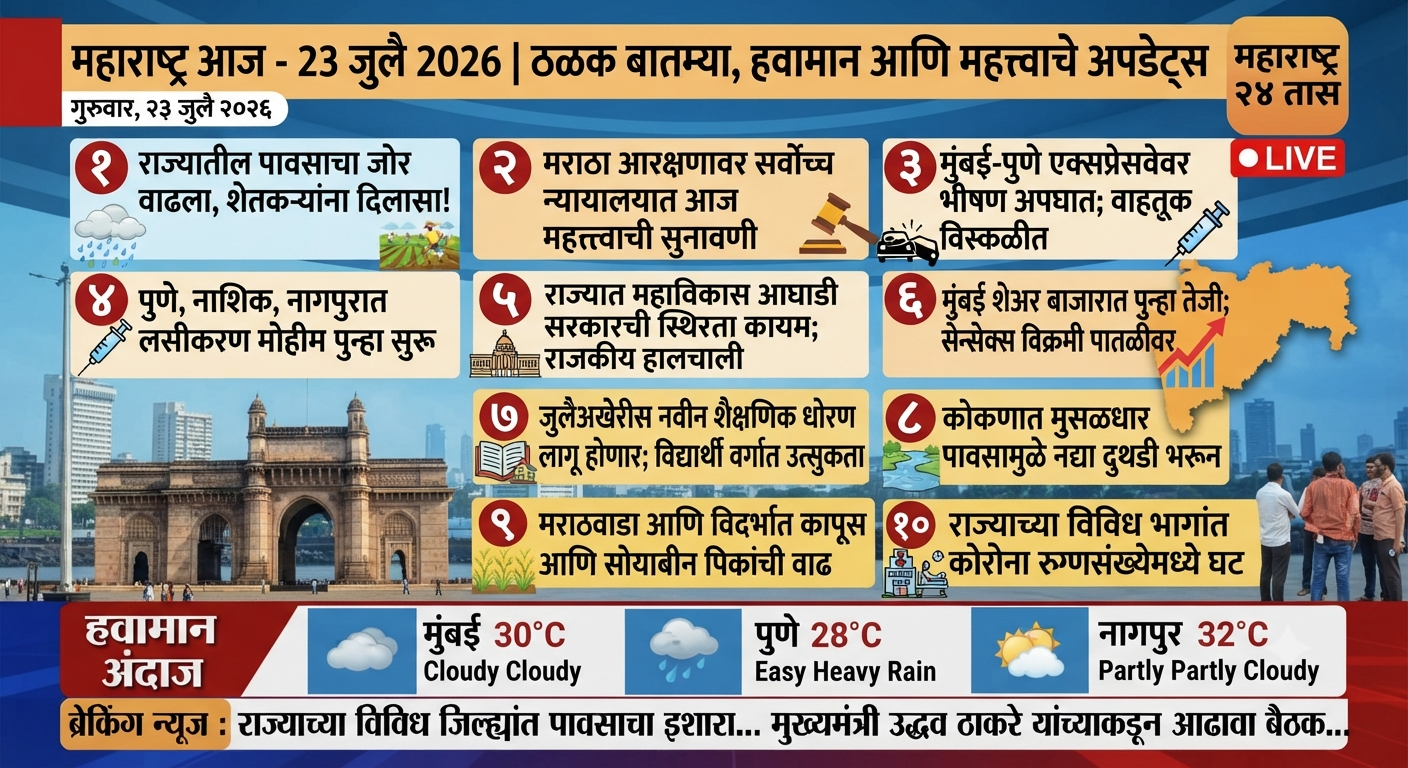 महाराष्ट्र आज 23 जुलै 2026 : राज्यातील 10 ठळक बातम्या, हवामान, शेतकरी आणि महत्त्वाचे अपडेट्स today news
