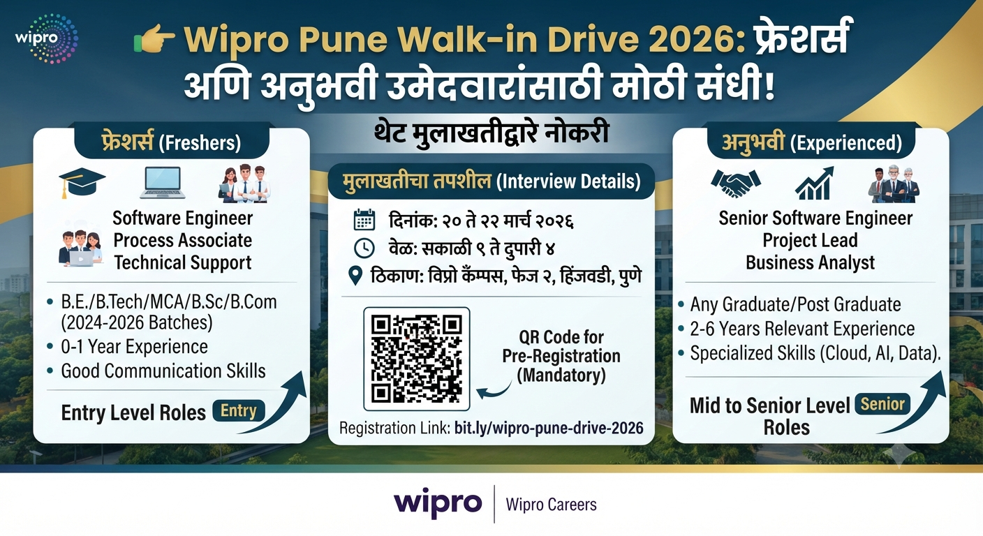 Wipro Pune Walk-in Drive 2026: फ्रेशर्स आणि अनुभवी उमेदवारांसाठी मोठी संधी! थेट मुलाखतीद्वारे नोकरी
