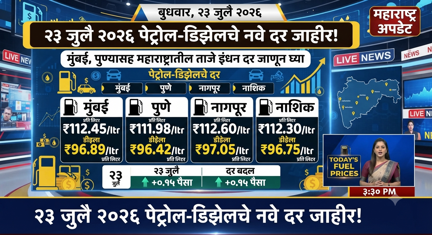 23 जुलै 2026 पेट्रोल-डिझेलचे नवे दर जाहीर! मुंबई, पुण्यासह महाराष्ट्रातील ताजे इंधन दर जाणून घ्या petrol diesel price today