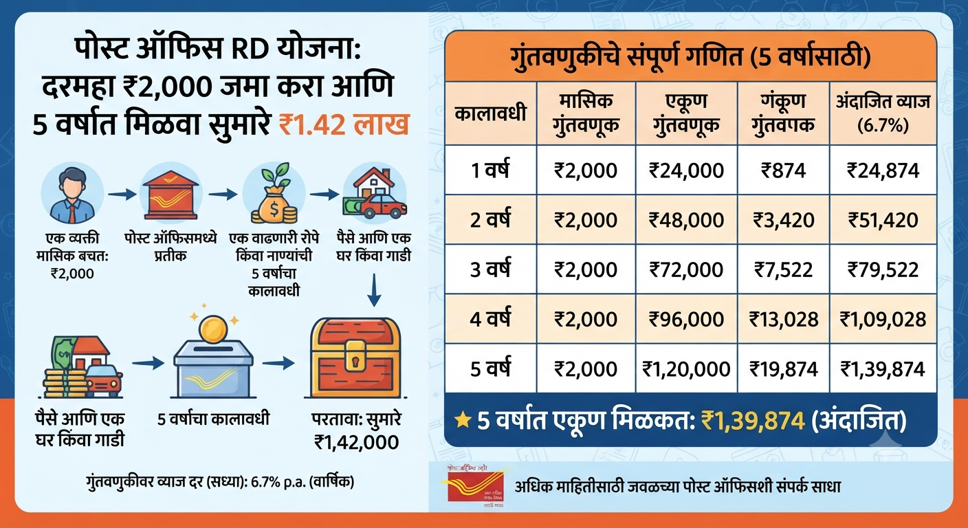 Post Office RD Scheme: दरमहा फक्त ₹2,000 जमा करा आणि 5 वर्षांत मिळवा सुमारे ₹1.42 लाख; जाणून घ्या संपूर्ण गणित
