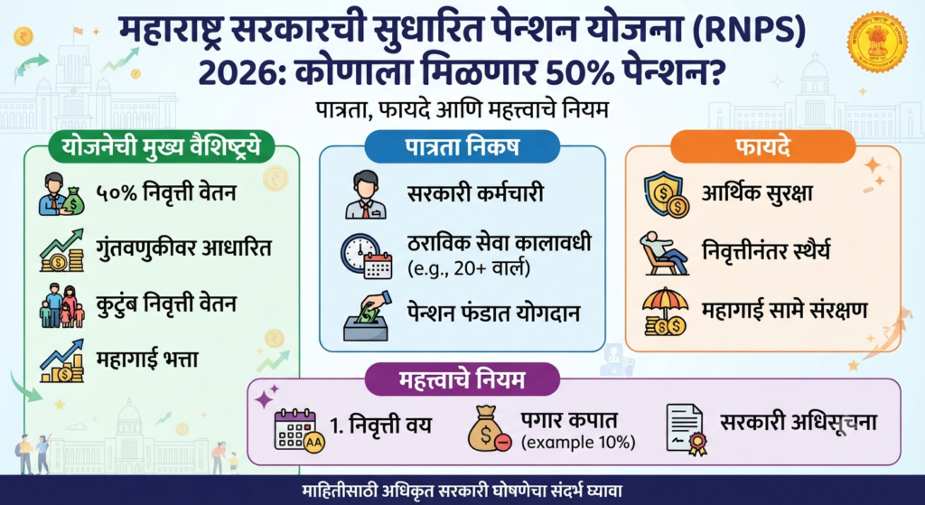 महाराष्ट्र सरकारची सुधारित पेन्शन योजना (RNPS) 2026: कोणाला मिळणार 50% पेन्शन? पात्रता, फायदे आणि महत्त्वाचे नियम