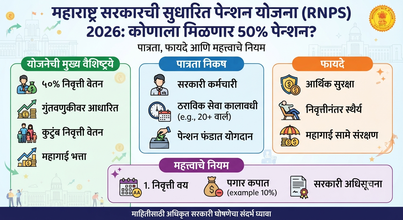 महाराष्ट्र सरकारची सुधारित पेन्शन योजना (RNPS) 2026: कोणाला मिळणार 50% पेन्शन? पात्रता, फायदे आणि महत्त्वाचे नियम