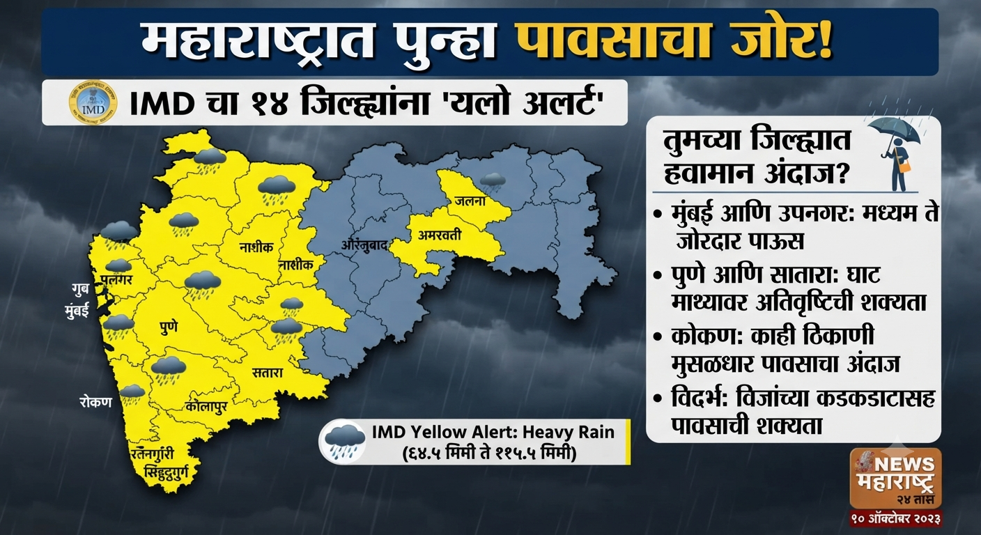 महाराष्ट्रात पुन्हा पावसाचा जोर! 14 जिल्ह्यांना IMD चा यलो अलर्ट; तुमच्या जिल्ह्यात कसं राहणार हवामान?