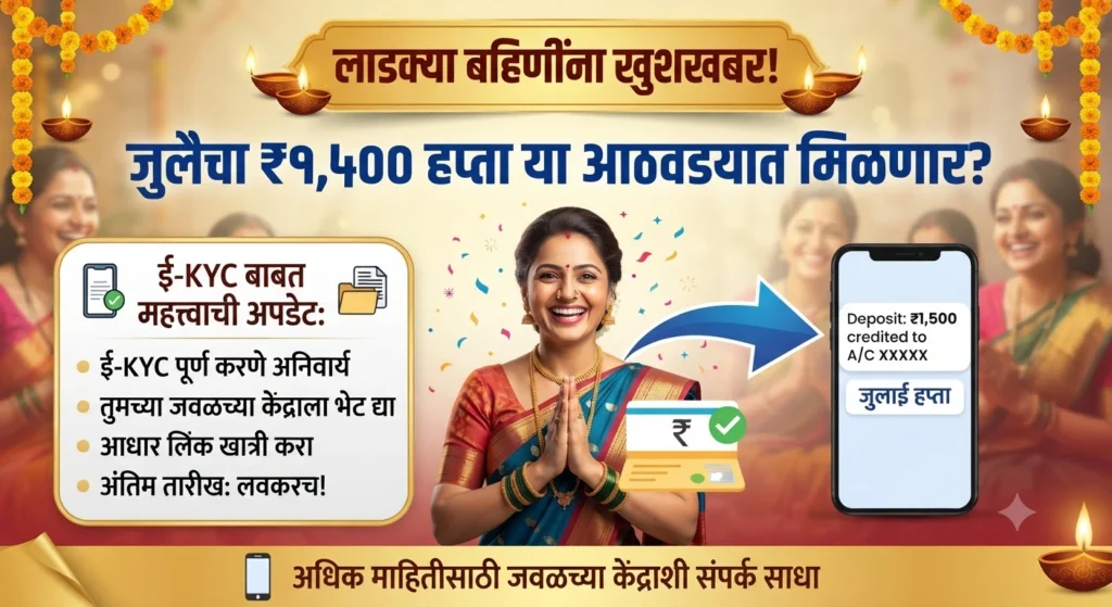 लाडक्या बहिणींना खुशखबर! जुलैचा ₹1,500 हप्ता या आठवड्यात मिळणार? ई-KYC बाबतही महत्त्वाची अपडेट