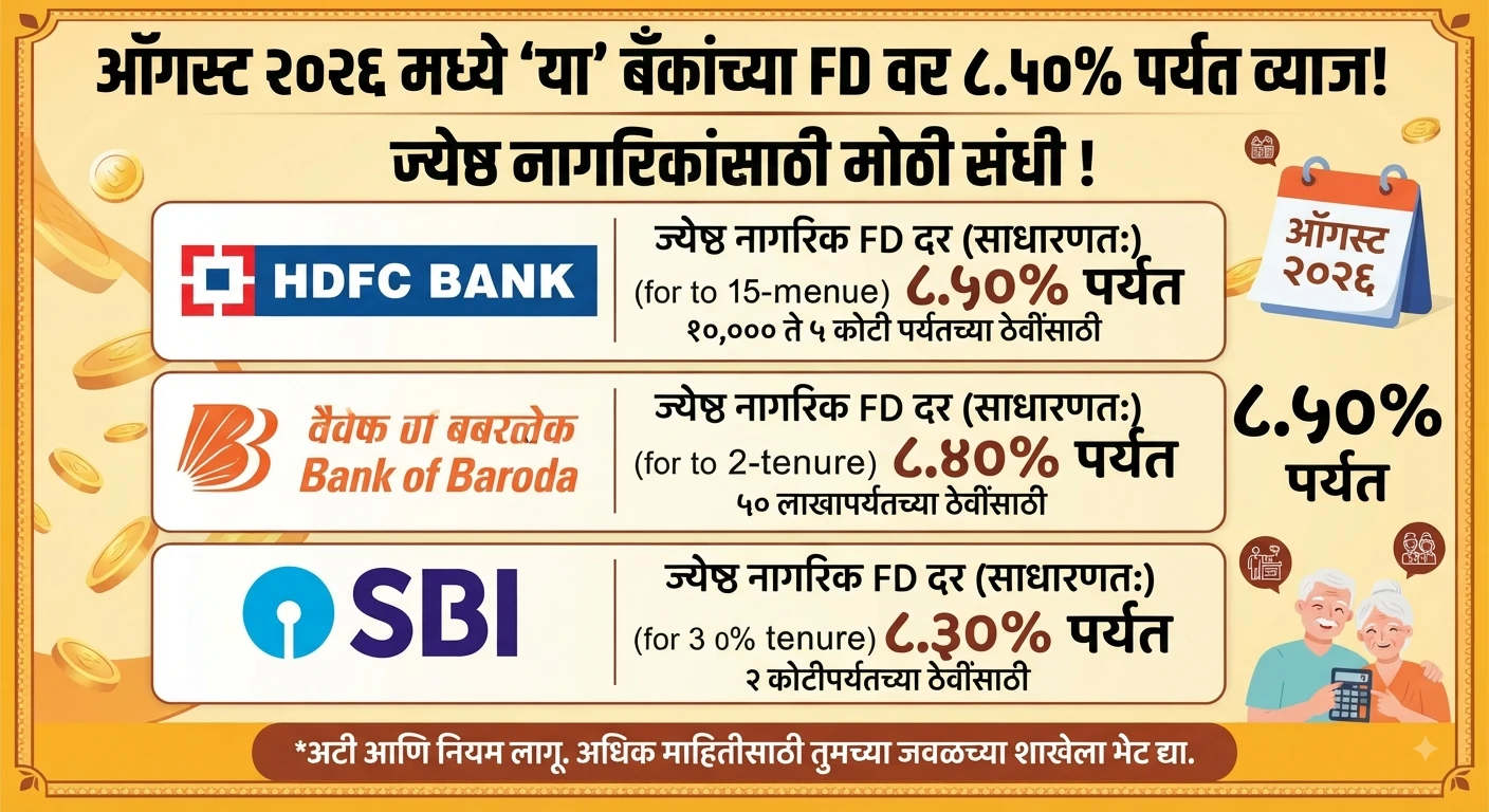 ऑगस्ट २०२६ मध्ये ‘या’ बँकांच्या FD वर ८.५०% पर्यंत व्याज! ज्येष्ठ नागरिकांसाठी मोठी संधी